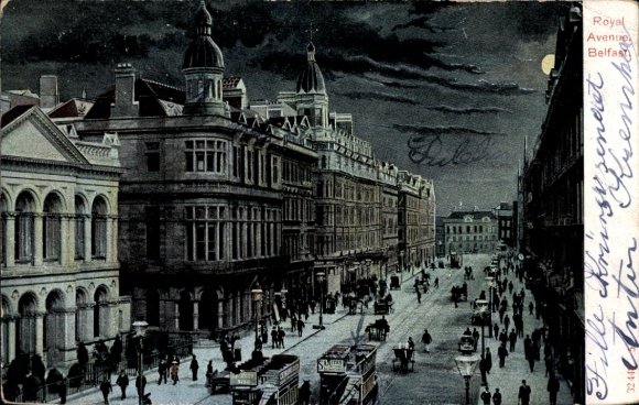 Belfast Northern Ireland, Royal Avenue, busy street, night view, historic buildings, people