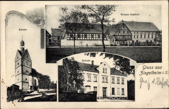 Postcard Ziegelheim Nobitz Altenburger Land, church, school, Weber's inn