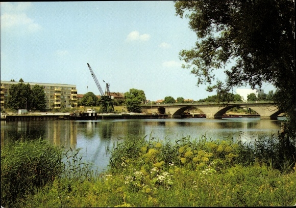 PC Schwedt on the Oder, bridge over the canal, crane, block of flats