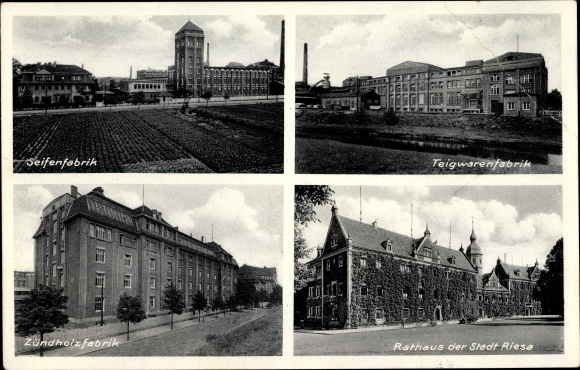 Postcard Riesa on the Elbe Saxony, soap factory, match factory, town hall, pasta factory