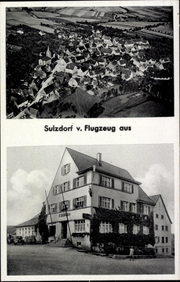 Postcard Sulzdorf Schwäbisch Hall in Württemberg, aerial view, Gasthof Rössle, surrounded by nature, atmosphere