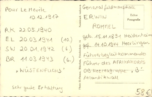 Postcard General Field Marshal, War Commander, Erwin Rommel, portrait