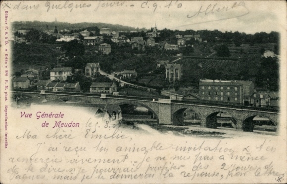 Postcard Meudon Hauts de Seine, bridge, hilly landscape, numerous houses, Vue Générale de Meudon