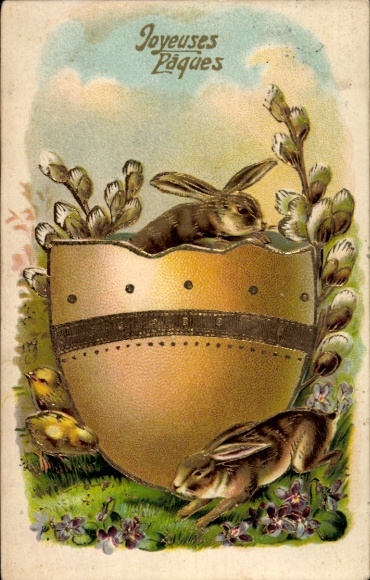 Glitter Embossed Postcard Congratulations Easter, Easter Bunny, Chick, Easter Egg