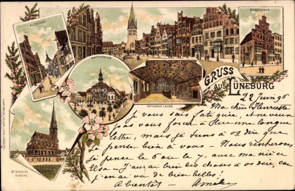 Chromo-Litho Lüneburg in Lower Saxony, Old Town, Town Hall, St. Nicolai Church
