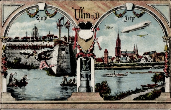 Coat of arms Postcard Ulm on the Danube, Schneider von Ulm, Zeppelin, airplanes, Münster