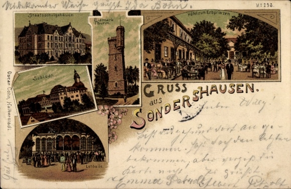 Chromo-Litho Sondershausen in the Kyffhäuserkreis Thuringia, Bismarck Tower, Hotel zum Erbprinzen
