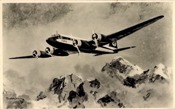 Artist Postcard Matejko, commercial aircraft Focke Wulf Fw 200 Condor in the mountains