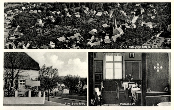 Postcard Alsbach Hähnlein on the Bergstraße Hessen, aerial photograph, Gasthaus zum Schlossberg
