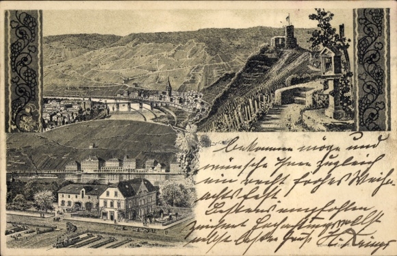 Ansichtkaart Bernkastel Kues aan de Moezel, overzicht, winkel van H. Krings