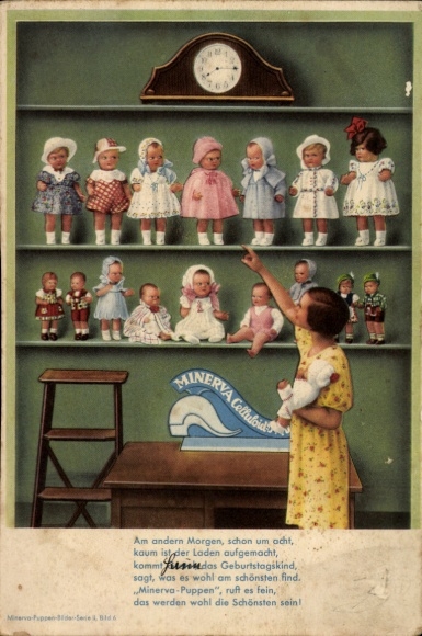 Postcard Minerva dolls, advertising
