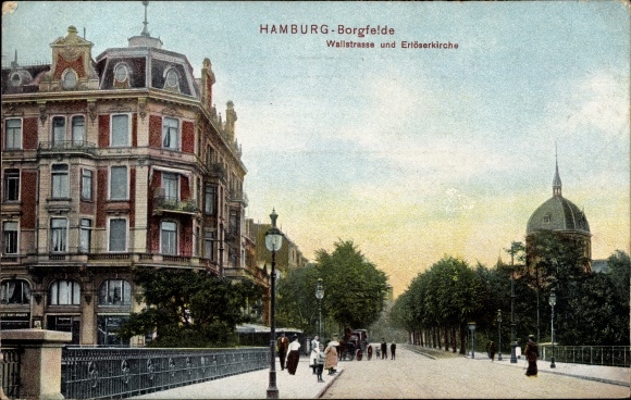 Ansichtkaart Hamburg Mitte Borgfelde, Wallstrasse met Kerk van de Verlosser