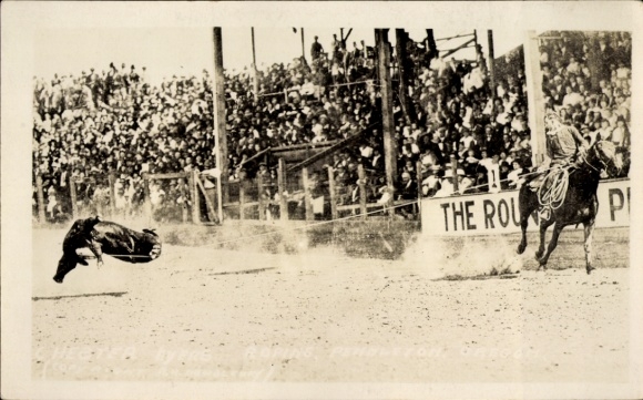 Photo Postcard USA, Rodeo, cowboy with lasso on a horse, spectator stands