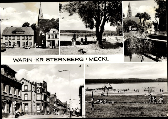 Postcard Warin in Mecklenburg, town hall, bridge of sighs, Ernst Thälmann Straße, outdoor pool