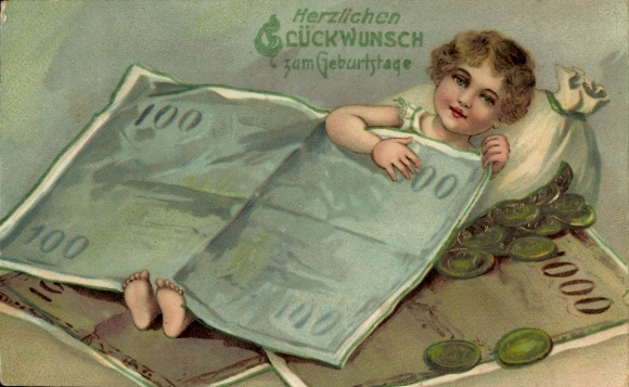Chromo-Litho Happy Birthday, Girl, Banknotes, Coins