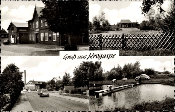 Ak Krogaspe am Ochsenweg in Schleswig-Holstein, Gasthof, See, Strassenansicht, Zaun