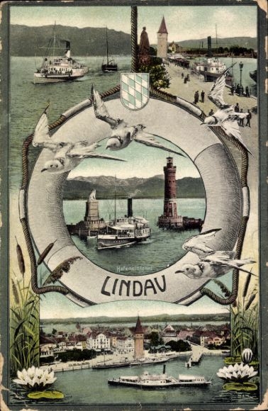KP Lindau nad Jeziorem Bodeńskim w Szwabii, port, statek parowy, latarnia morska