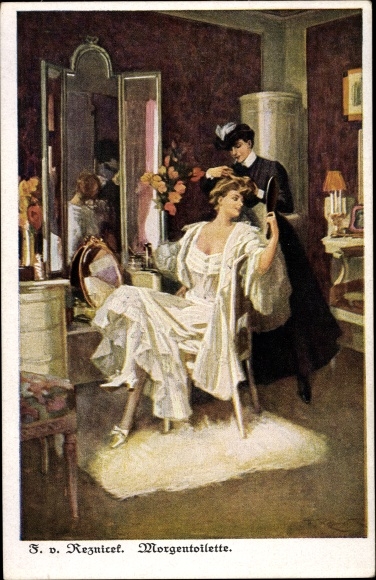 Künstler Ak Rezinicek, Ferdinand von, Morgentoilette, Frau in Unterkleid