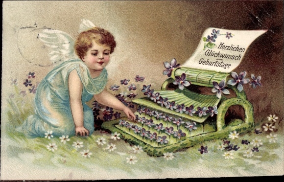 Chromo-Litho congratulations birthday, angel with typewriter, violets