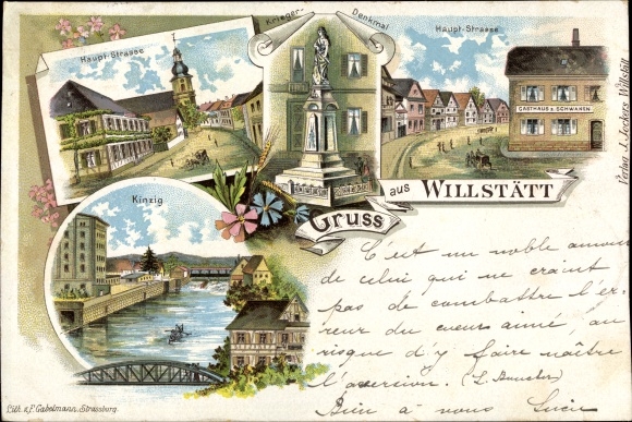 Chromo-Litho Willstätt in Baden, main street, church, war memorial, Inn zum Schwanen, Kinzig