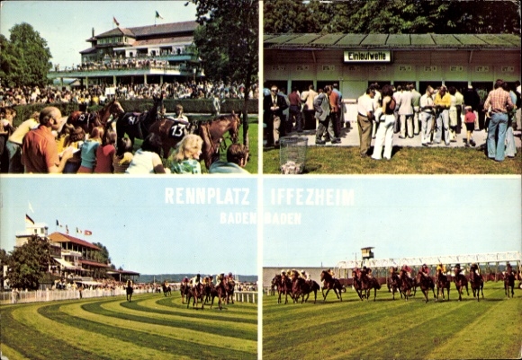 Postcard Iffezheim am Rhein, racecourse, horse racing, betting