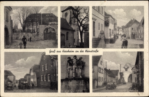 Ak Herxheim bei Landau in der Pfalz, Weingut Winkels Herding, Kirche, Kriegerdenkmal, Straßenpartien