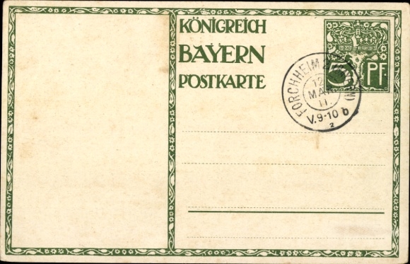 Postwaardestuk kunstenaarsbriefkaart Diez, M., prins-regent Luitpold van Beieren 1911, 5 Pfennig