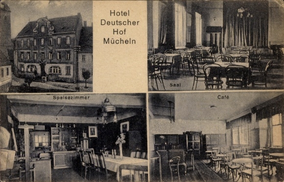 Ak Mücheln im Saalekreis, Hotel Deutscher Hof, Speisezimmer, Saal, Café