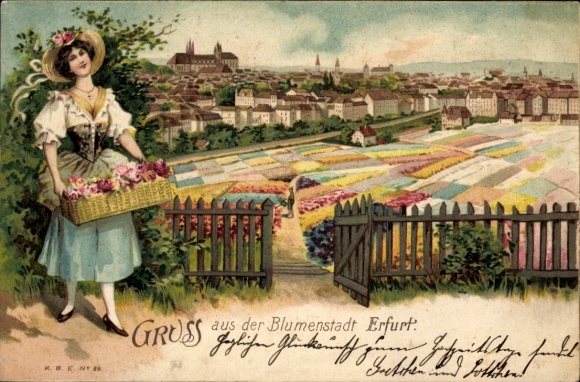 Chromo-Litho Erfurt in Thuringia, general view, flower city, woman with flower basket