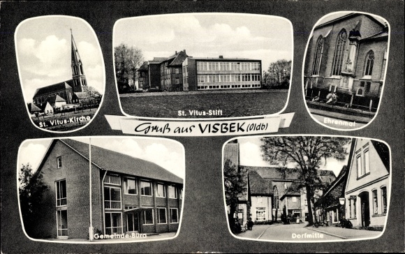 Ak Visbek in Niedersachsen, St. Vitus Stift, Kirche, Ehrenmal, Gemeindebüro, Dorfmitte