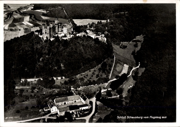 Postcard Balduinstein an der Lahn, Schaumburg Castle, aerial photograph
