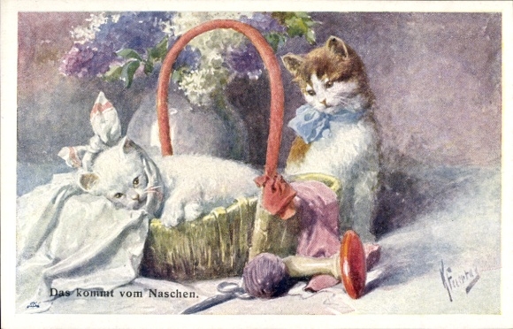 Artist Postcard Feiertag, Karl, That comes from snacking, kitten, basket, BKWI 170 3