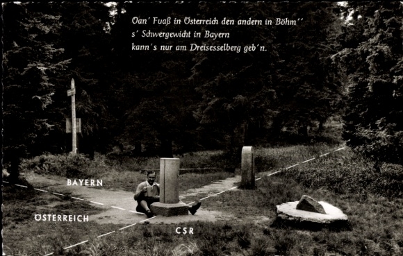 Postcard tri-border border between Germany, Austria and CSR, border stone