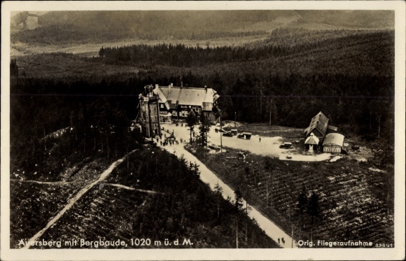 Postcard Eibenstock in the Ore Mountains of Saxony, Auersberg with a mountain lodge, aerial photo