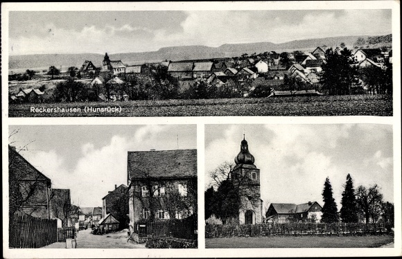 Postcard Reckershausen im Hunsrück, overall view, church, street section