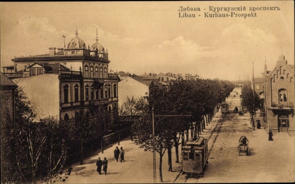 Postcard Liepaja Libau Latvia, Kurhaus Prospekt, tram, passers-by