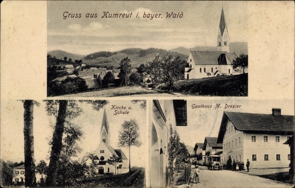 Postcard Kumreut Röhrnbach in Lower Bavaria, church, school, inn M. Drexler