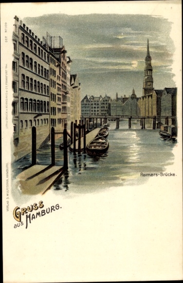 Chromo-Litho Hamburg Mitte Old Town, Reimers Bridge, Moonlight