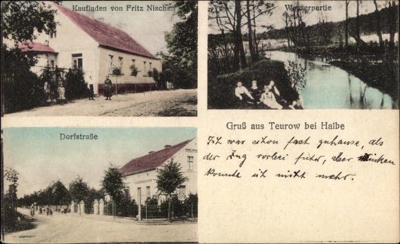 Ak Teurow Halbe Kreis Teltow, Kaufladen, Wasserpartie, Dorfstraße