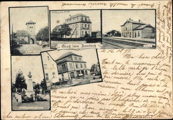Postcard Dambach la Ville Dammbach Alsace Bas Rhin, Niedertor, inn, train station, monument, market hall