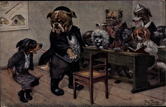 Artist PC Thiele, Arthur, Difficult to understand, humanized dogs at school