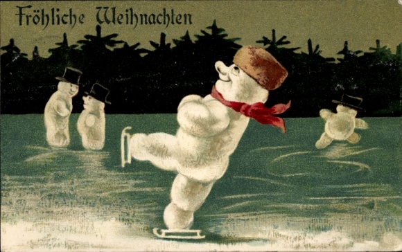 Ak Frohe Weihnachten, Schneemänner beim Eislaufen