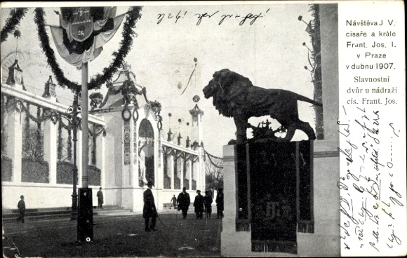 PC Praha Prague Czech Republic, festival decorations, courtyard in front of the Kaiser Franz Joseph I train station, 1907