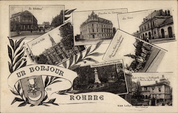 Postcard Roanne Loire, town hall, monument, chapel, train station