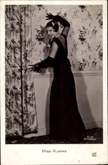 Postcard Miss Algerie, female portrait, black dress, curtain, gloves