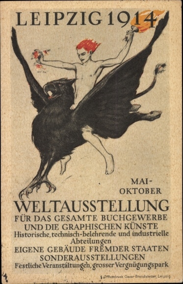 PC Leipzig, world exhibition for the book trade and graphic arts 1914, man on black griffin