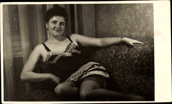 Photo Postcard Woman in underwear on a couch, stockings