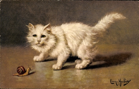 Artist Postcard Huber, Leon, long-haired white cat and snail