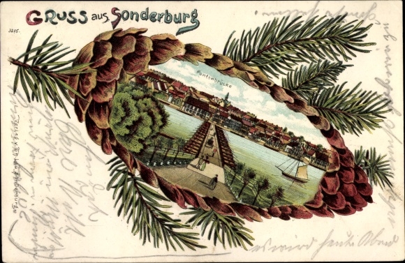Pine cones Chromo-Litho Sønderborg Sonderburg Denmark, pontoon bridge