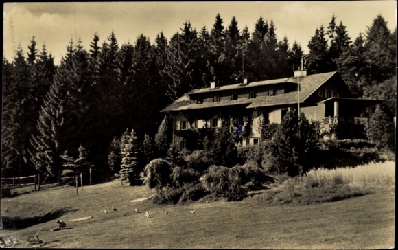 Postcard Schönberg am Kapellenberg Bad Brambach in the Vogtland, house in the forest, surrounded by trees, meadow...